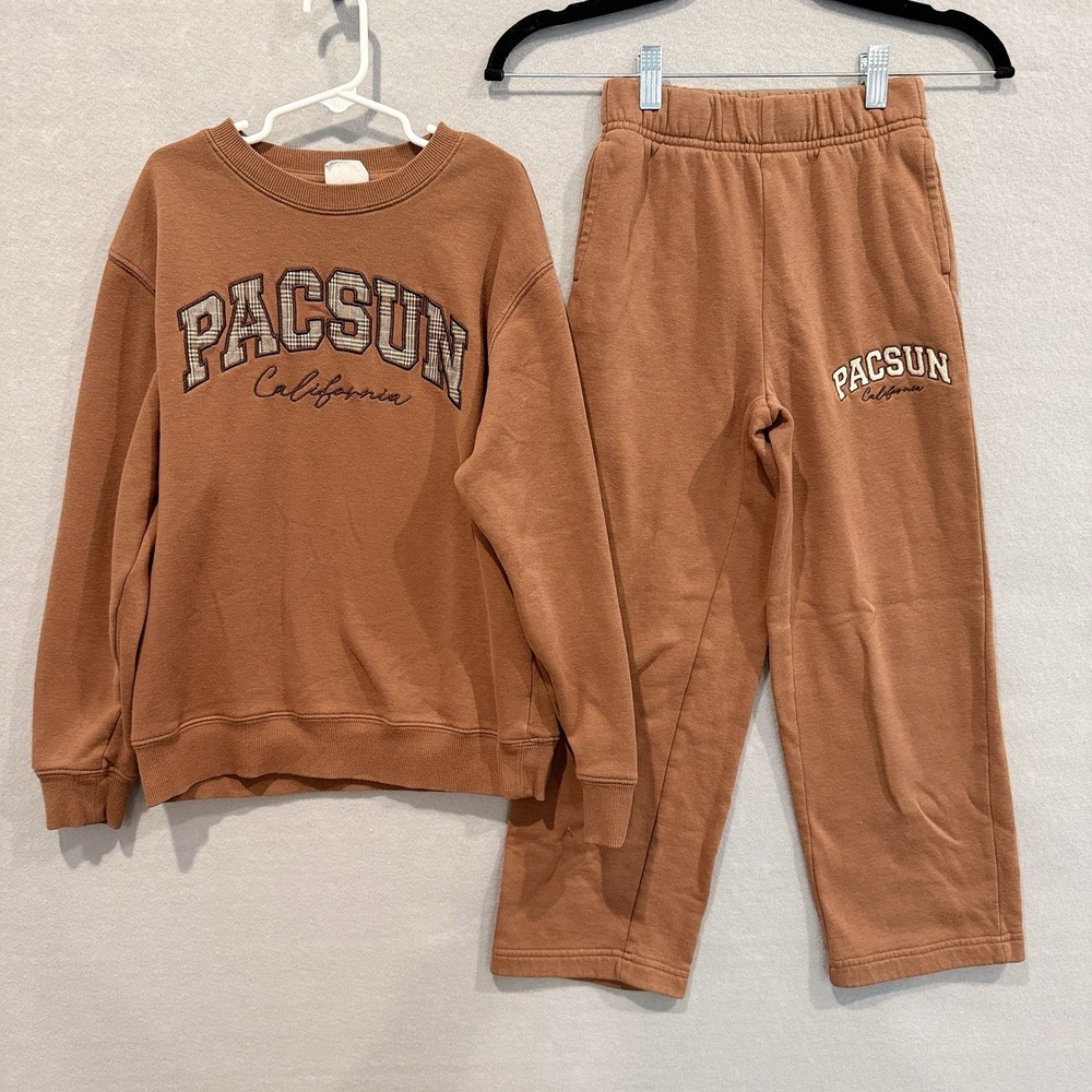 Pacsun Girls 2 Piece Crew Sweatshirt (L 10) Sweatpants (Med 8)  Brown Plaid Logo